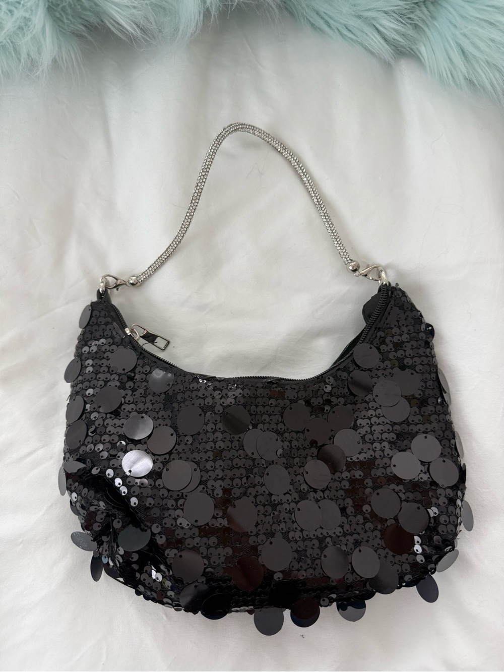 Black Sequin Shoulder Bag with Silver Chain Handle